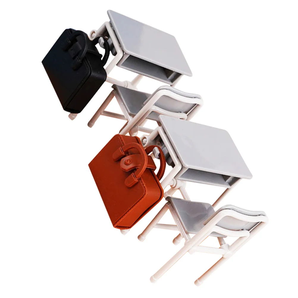 

2Set Miniature Classroom Desk Chair Set Realistic School Furniture Tiny Office Table Backpack Decor Display