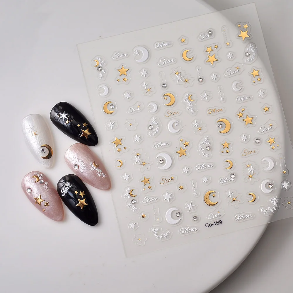 5D Gold Star Moon Nail Sliders para Mulheres, Manicure Adesivo, Envoltórios