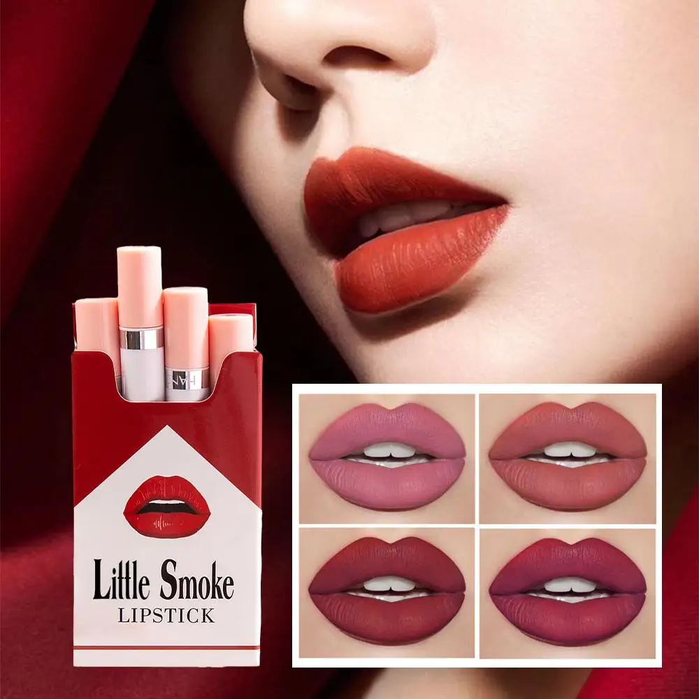 Impermeável Matte Lip Stick Set, Long Lasting Maquiagem, caixa de cigarro, Design Lipliner Cosméticos, 24 horas, 4pcs