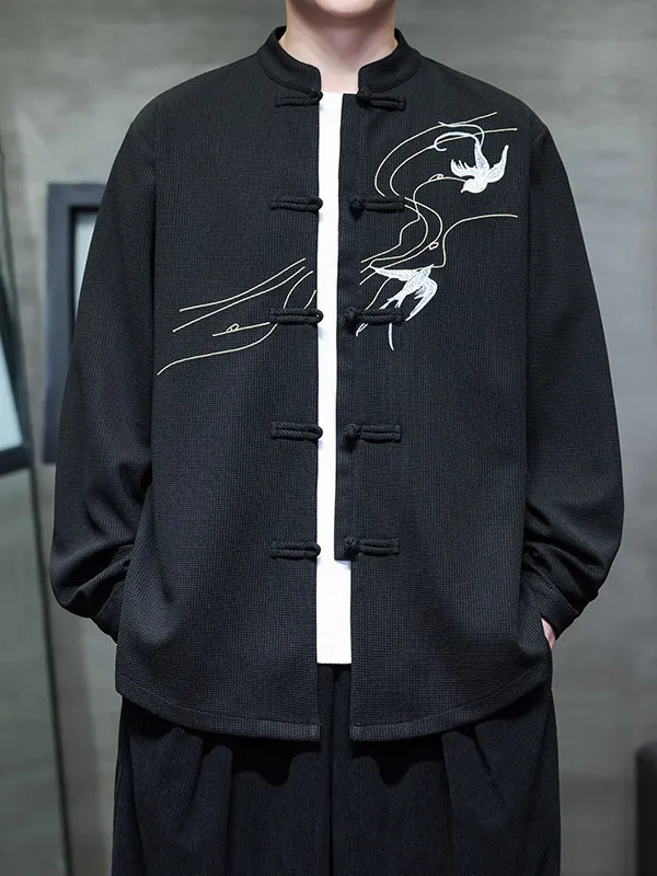 

Retro Embroidered Ice Silk Long Sleeve Shirt Stand Collar Hanfu Large Size Men's Spring Autumn Chinese Style Casual Shirt