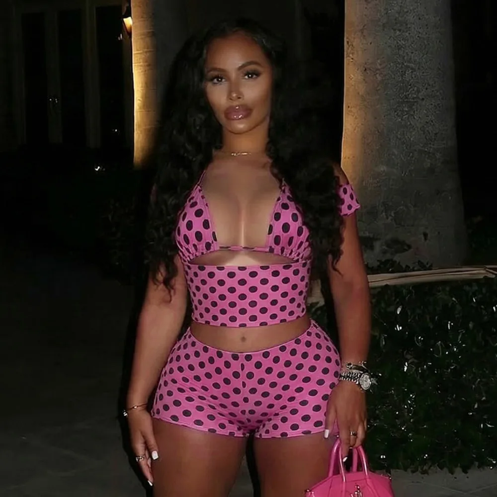 

FLARORA Sexy Dot Print 3 Piece Sets Woman Trend Halter Bra Tops+Short Sleeves Crop Tops+Shorts Skinny Beach Vacation Clubwear