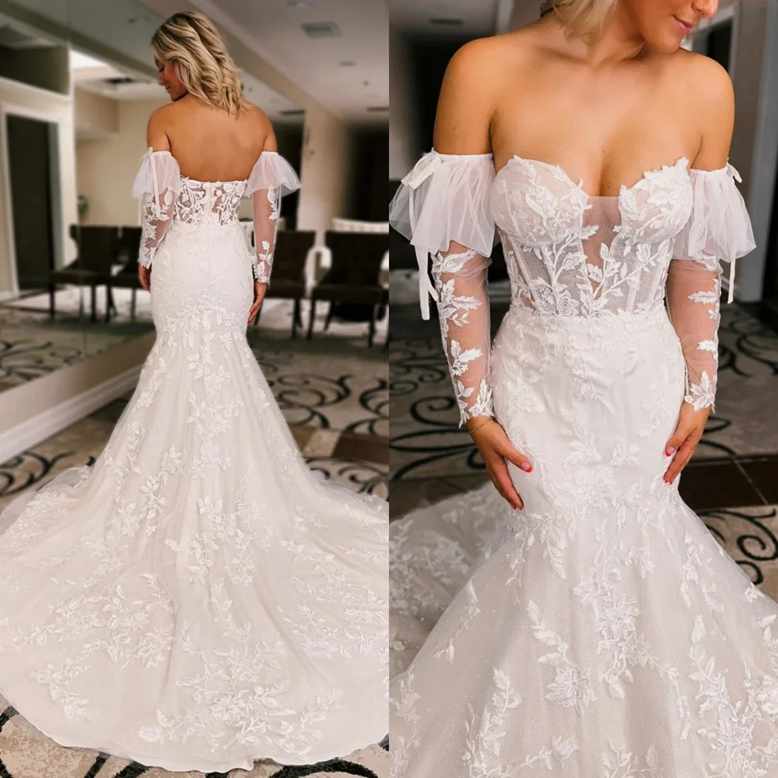 Vestido de novia de encaje transparente con hombros descubiertos personalizado para novia vestidos de novia de playa con hombros descubiertos de sirena de manga larga