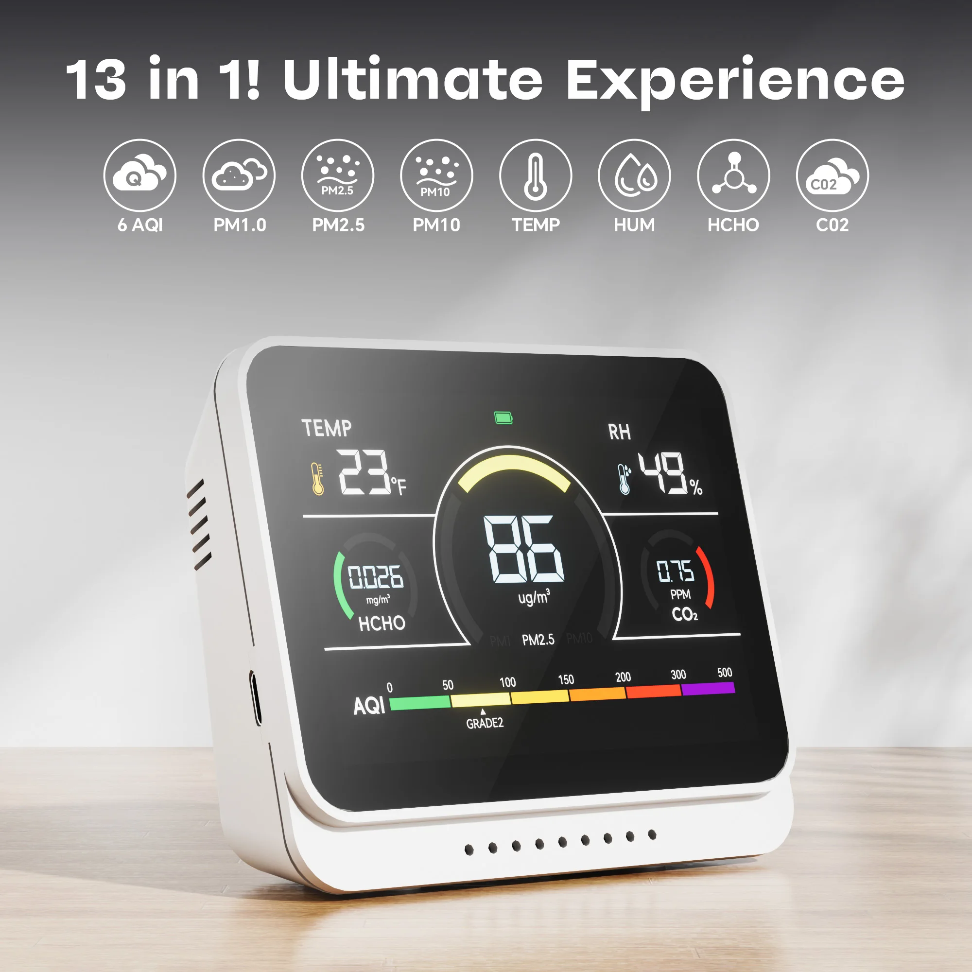 Booster AC02 13-in-1 Air Quality Monitor LCD Display & Beep Alarm 24-hour Monitoring Air Quality Humidity Temperature&PM1.0/PM2.5 PM10 CO2 HCHO Office&Home Usage
