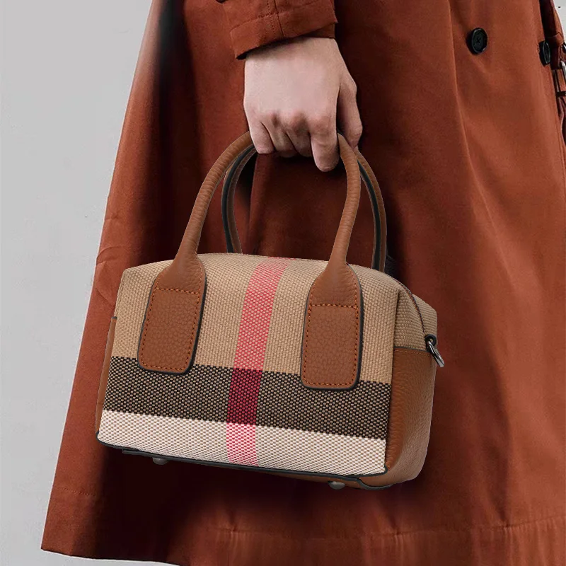 Canvas and Cowhide Leather Women Mini Boston Bag, Plaid Stripe Handbag with 2 Straps, Multi-Pocket Portable Purse for Travel