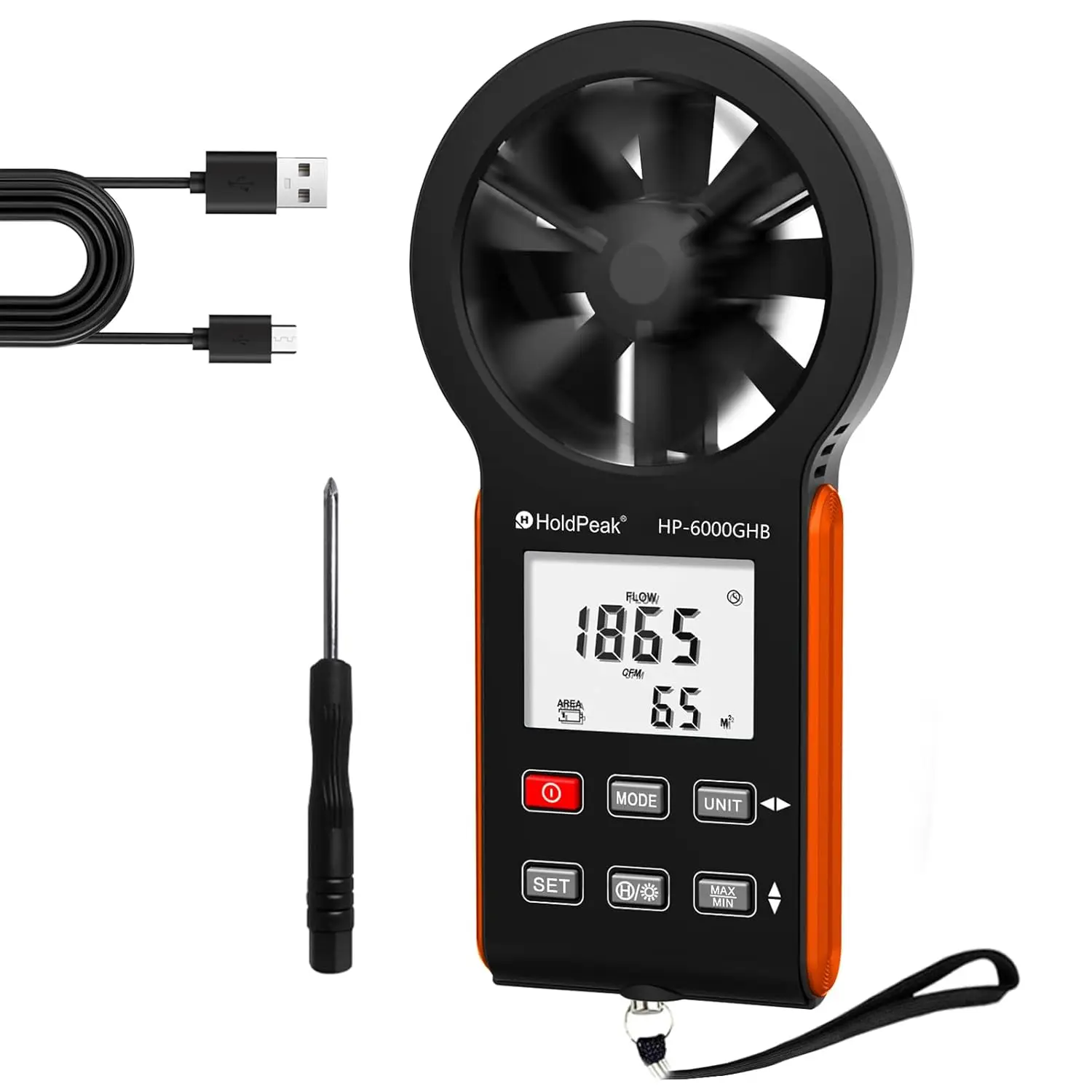 

CFM Anemometer Handheld Air Flow Meter, HVAC Wind Meter Measuring Wind Speed 0.3~30m/s & Air Volume 0~999,900 ft3/min with Temp