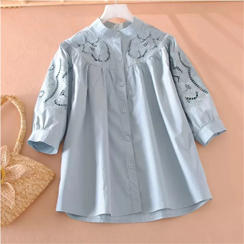 

Loose Embroidery Blouse Women Shirt Hollowed-out Top Literary Half Sleeve Woman Shirt Standing Collar Summer Female Shirt