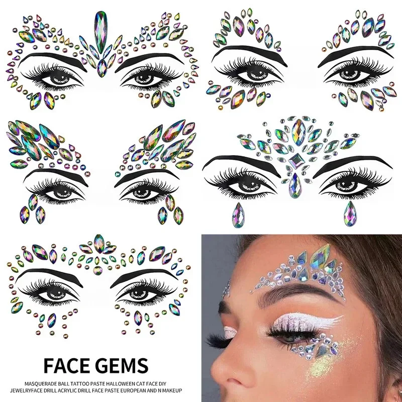 1 قطعة ثلاثية الأبعاد عيون الوجه ماكياج حفلة الوشم ملصق الاكريليك الماس الراين ملصق ذاتية اللصق مختلط كريستال الوجه ديكور ملصق