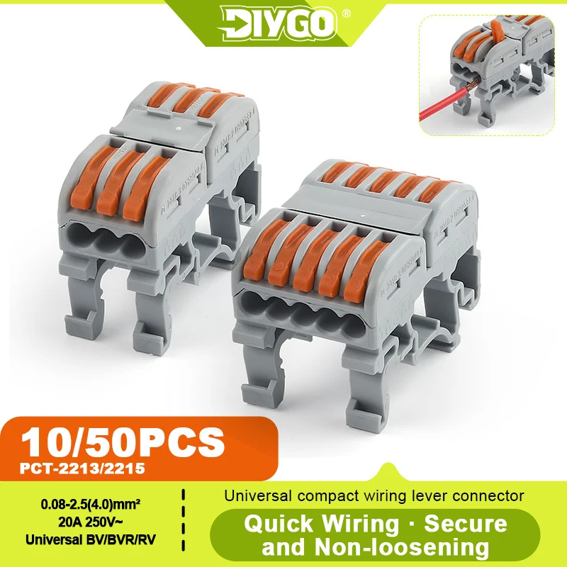 DIY GO 10/50PCS Quick Push-in Wire Connectors with DIN Rail 3/5 Port Universal Compact Wring Terminal Block Splitter 20A/250V