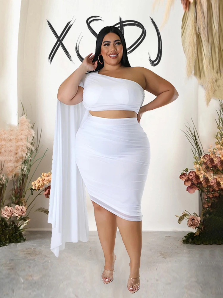 Set Frau 2 Stück elegante Party tragen schrägen Kragen Top mit Mesh-Ärmeln und Rock Nacht Outfit Frauen sexy Plus Size Kleidung