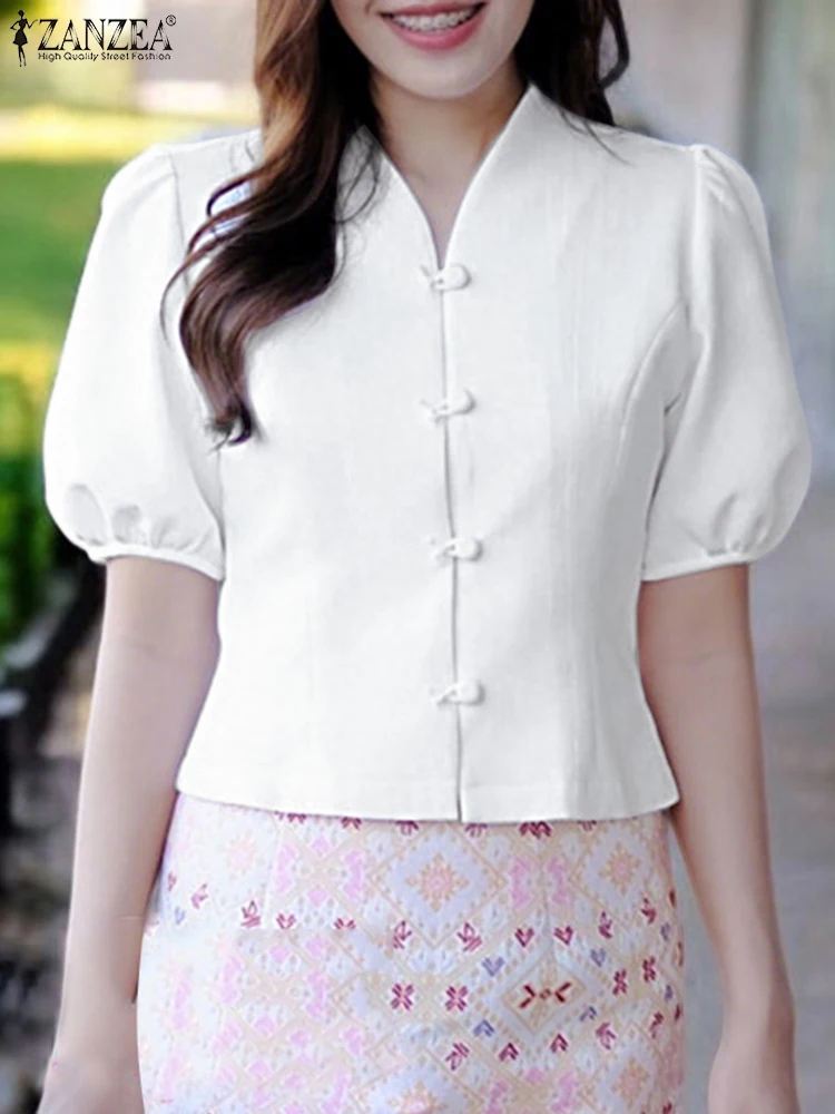 

ZANZEA 2025 Summer Women Shirts Fashion Short Sleeve Tops Elegant Office Lady Blouse Buttons V-Neck Puff Sleeve Solid Blusas OL
