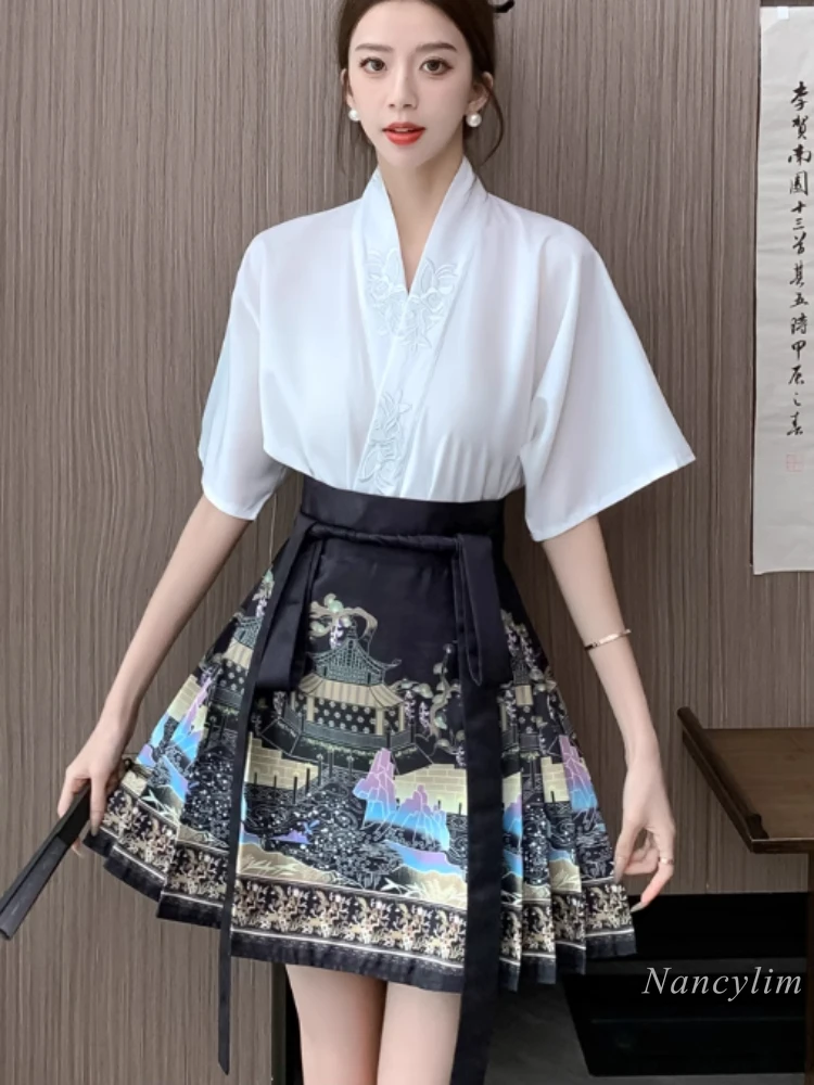 New Chinese Style Short Sleeve Chiffon Blouses + Mini Horse-Face Skirt for Women Summer Hanfu Suit Two Piece Sets Ladies Outfits