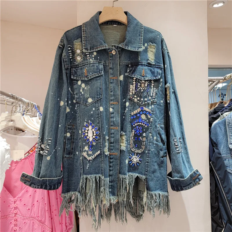 Streetwear Strass Denim Mantel für Frauen Sprng neue lose Diamant Dekoration unregelmäßige Quaste Saum Jacke Jaqueta Feminina