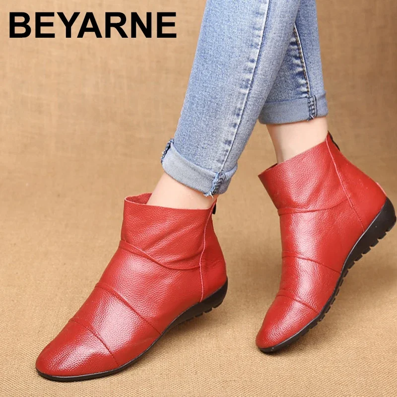 BEYARNE new arrive Genuine leather boots buckle women boots flats winter shoes ladies female autumn boots black,white,beige