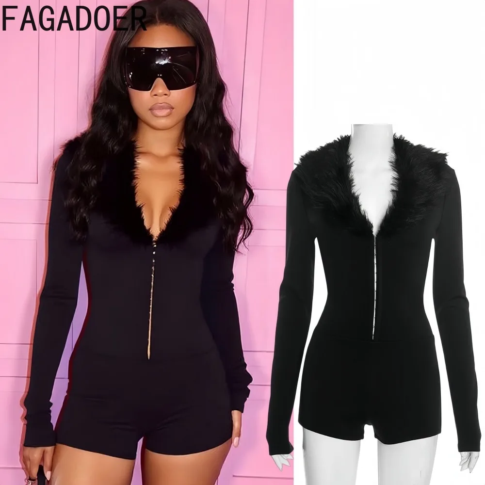 

FAGADOER Sexy Fur Patchwork Bodycon Rompers Woman Solid Color Deep V-neck Long Sleeves Jumpsuits Female Streetwear Overalls New