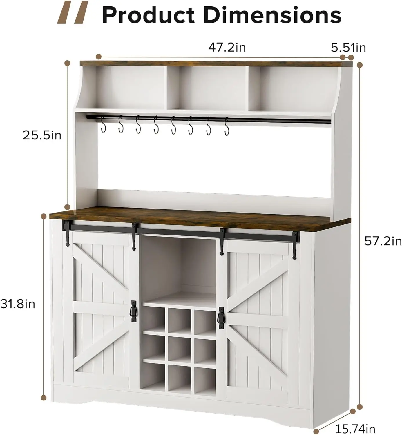 57' 화이트 커피 바 캐비닛, 3단 수납장, 8개의 후크, 9개의 와인 랙, 가정용 농가 스타일 주방 허치, 거실용