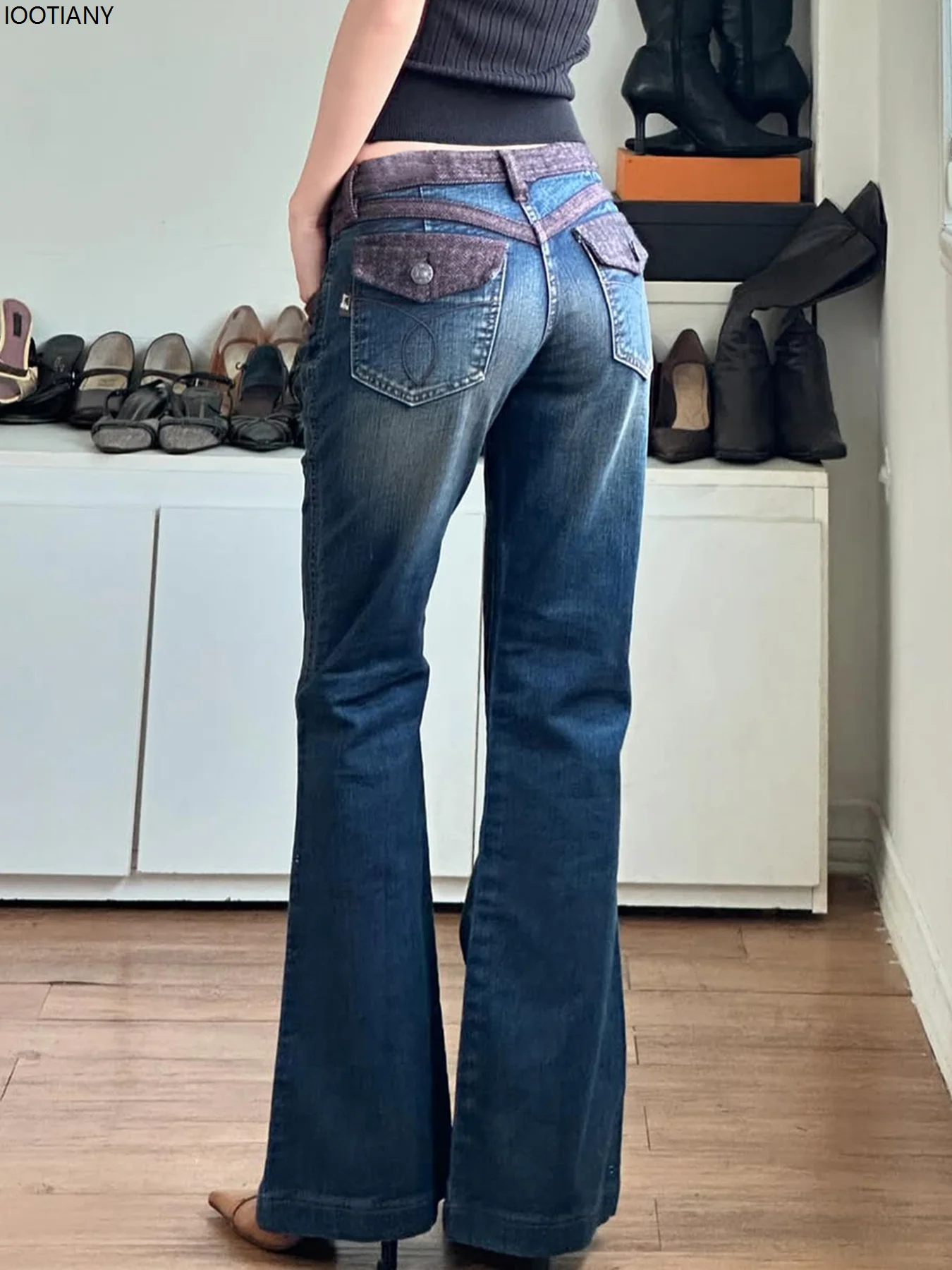 Retro Patchwork Brown Loose Jeans Classic Ladies 2000s Outfit Sexy Low Waist Slim Flared Jeans Hot Girl Y2k Aesthetic Trousers