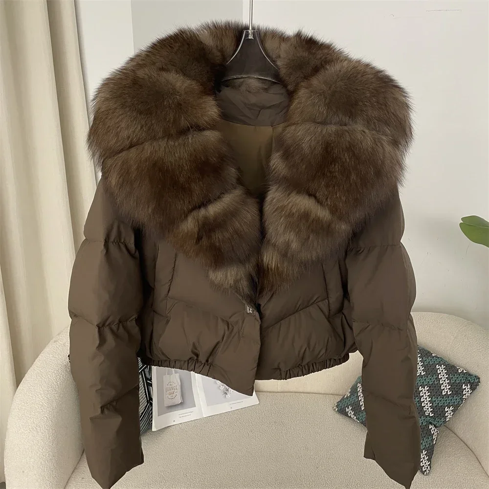 White Duck Down Coat Feather Short Puffer Jacket Thick New Big Natural Real Fox Fur Jacket Women Autumn Winter Female