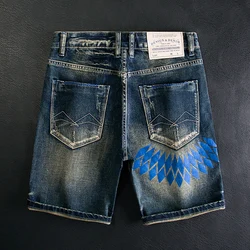 Summer Fashion Vintage Men Jeans Retro Washed Blue Stretch Slim Fit Ripped Short Jeans Printed Designer Hip Hop Denim Shorts Men