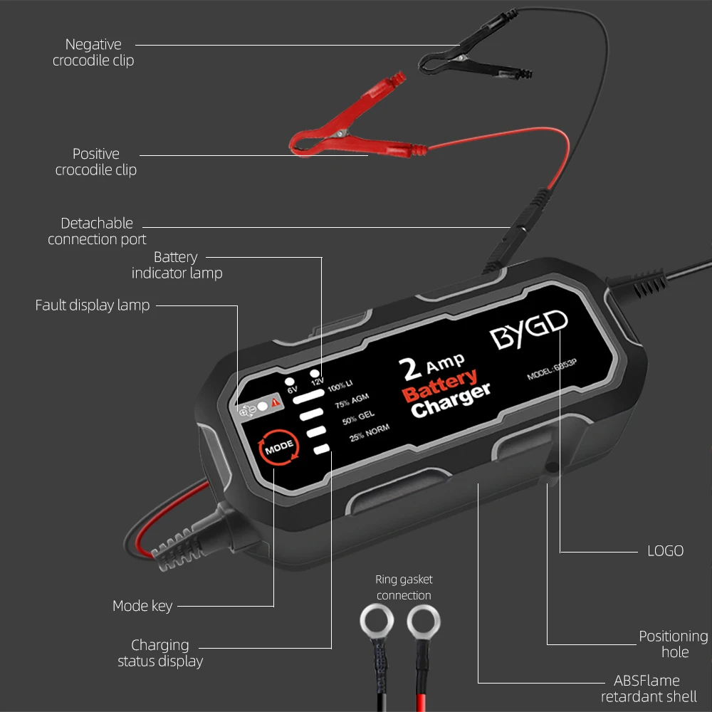 Universal Smart Battery Charger 12V 2A Automatic Dual-Mode Lithium Lead-acid Battery Maintainer For Motorcycle Car Vehicle
