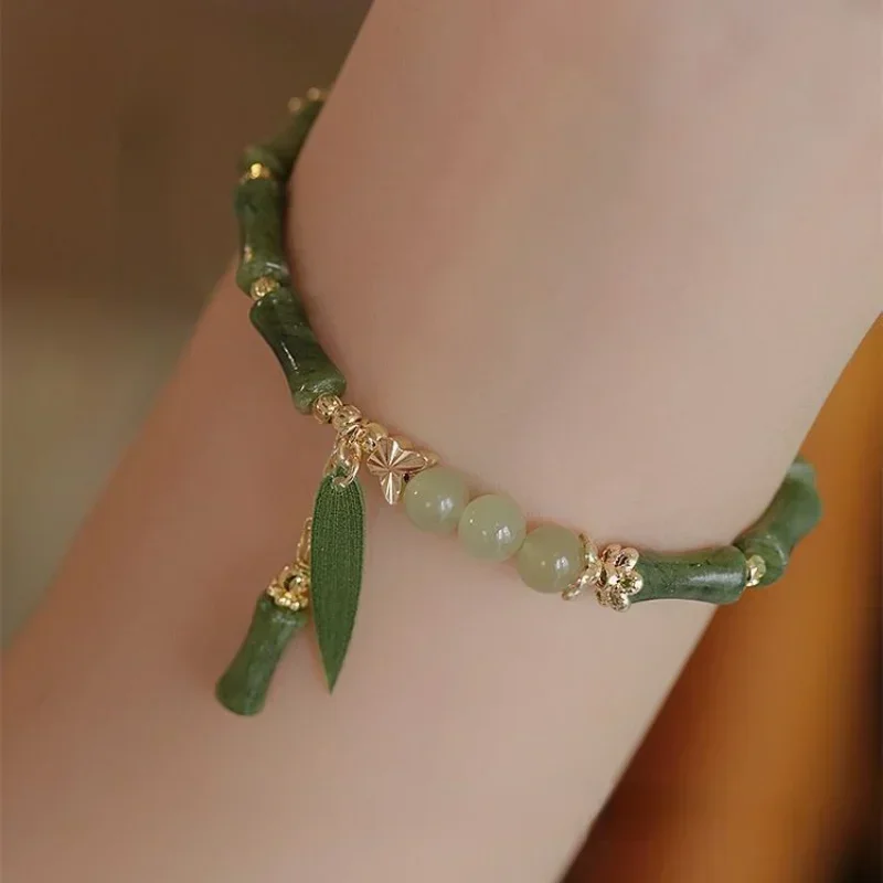 Chinese Style Retro Green Bamboo Joint Beaded Bracelet for Women's Браслет Fashion Simple Charm Alloy Leaf Bracelet Jewelry Gift