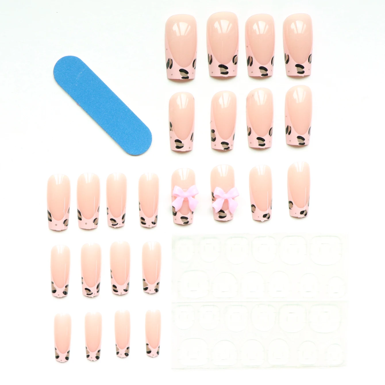 24개 핑크 레오파드 프린트 보우 풀커버 네일 팁 세트, 네일 파일 1개, 네일 글루 스티커 1개 포함