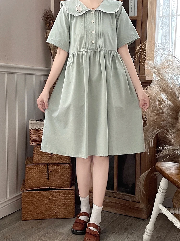 Japanese Kawaii Green Red Mori Girl Dress Women's Summer Peter Pan Collar Short Sleeve Preppy Style Mid Dresses Elegant Clothing