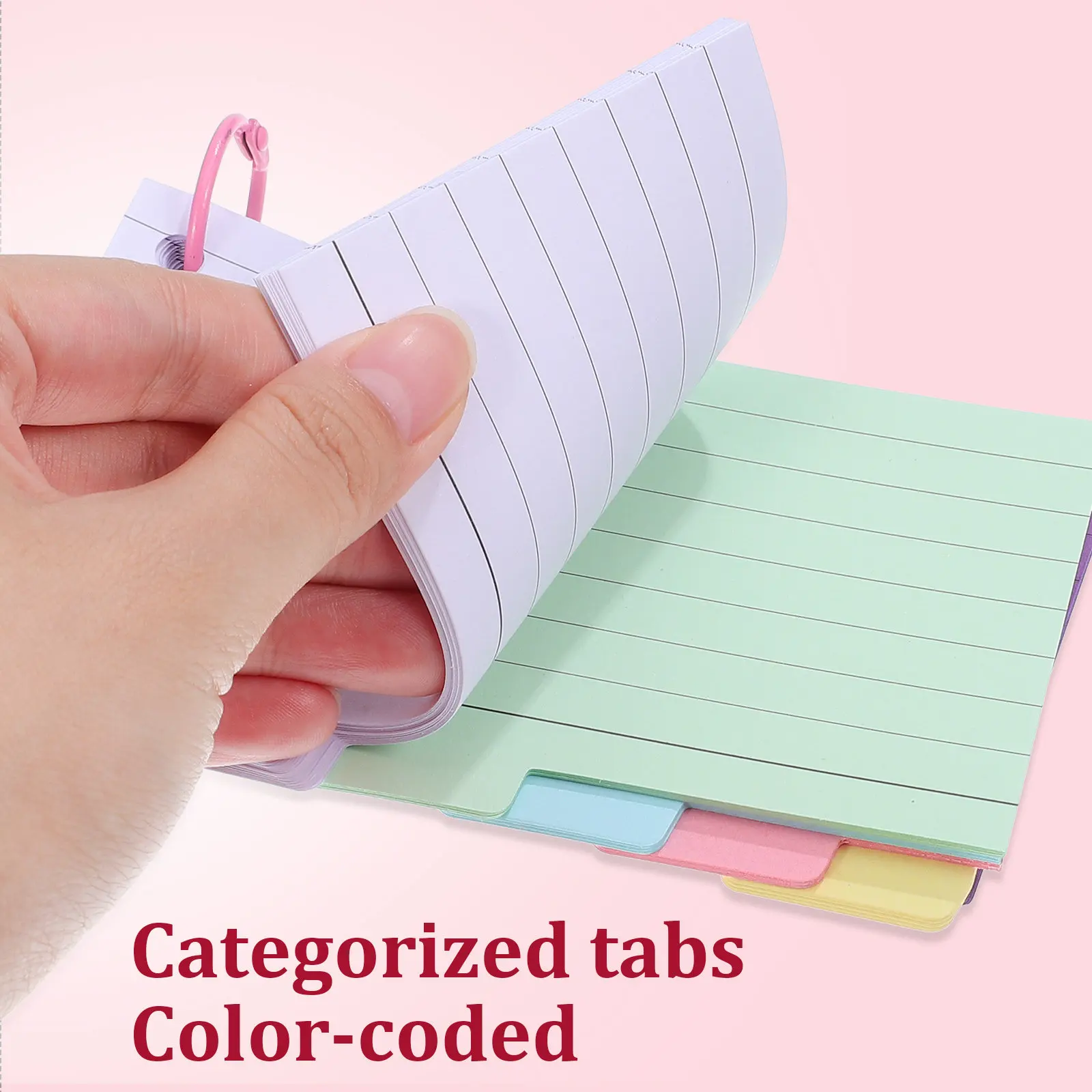 300Sheets Colored Ruled Index Cards Tabbed Pre-Punched with Metal Rings for Study Note Organization Project Planning Flash