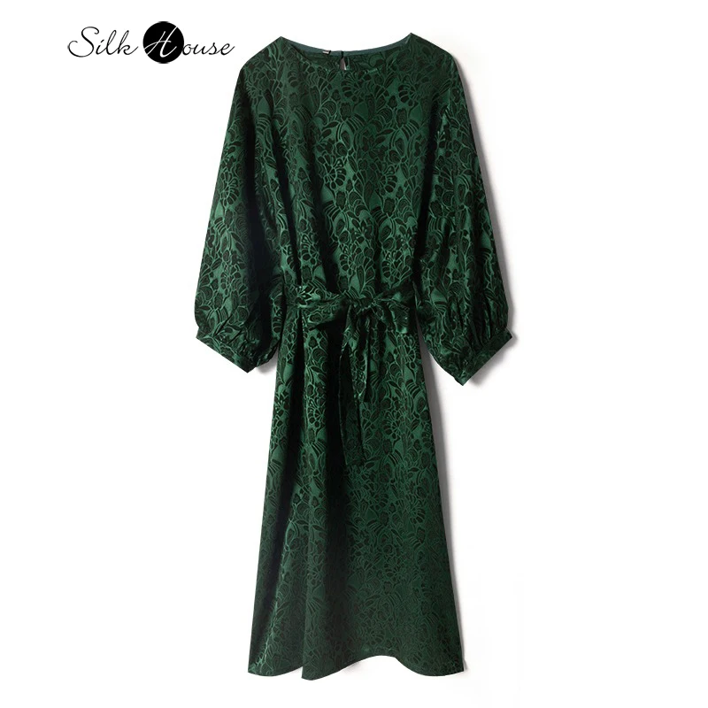 

Comfortable Temperament Dark Green 50% Natural Mulberry Silk 50% Viscose Jacquard Satin Round Neck Long Sleeved Dress