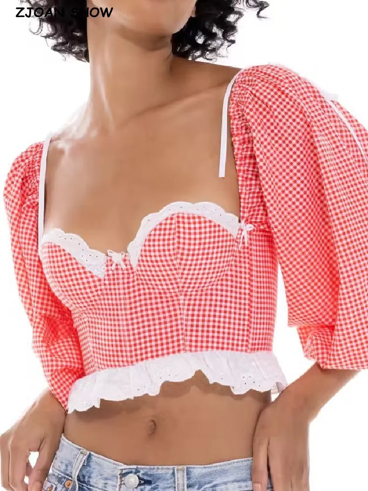 Chemise corset en fil de fer pour femme, chemisier court, ourlet en dentelle épissée, nœud croisé, dos nu, manches lanterne, rouge, précieux, 2023