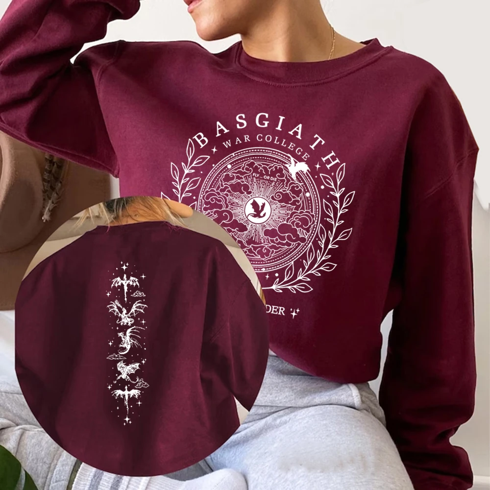 Vintage Basgiath War College 2-Sided Swetahirt Fourth Wing Hoodie Unisex Crewneck Sweatshirts Casual Long Sleeve Dragon Pullover