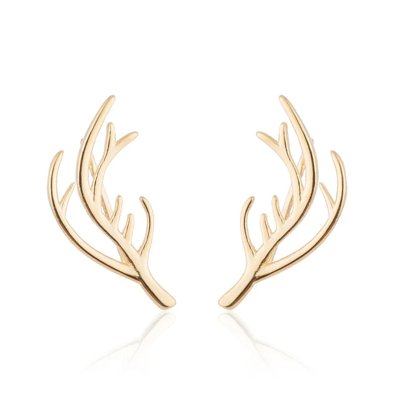 Gold Color Deer Antler Earrings Lucky Deer Elk Studs Christmas Earrings Fashion Xmas Gift Jewelry Holiday Party Ear Accessories