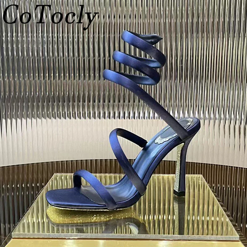 مثير الساتان صندل كعب عالٍ للنساء الصيف خيوط حول الكاحل حزام أحذية الحفلات كعوب رقيقة صنادل طراز جلاديتور امرأة