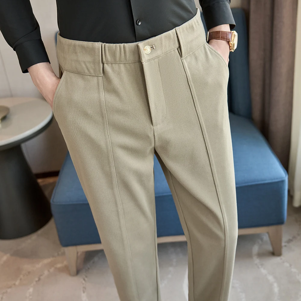 

Autumn Winter Men's Woolen Suit Pants Solid Stretch Waist Business Casual Trousers England Style Fit Slim Black Beige Khaki