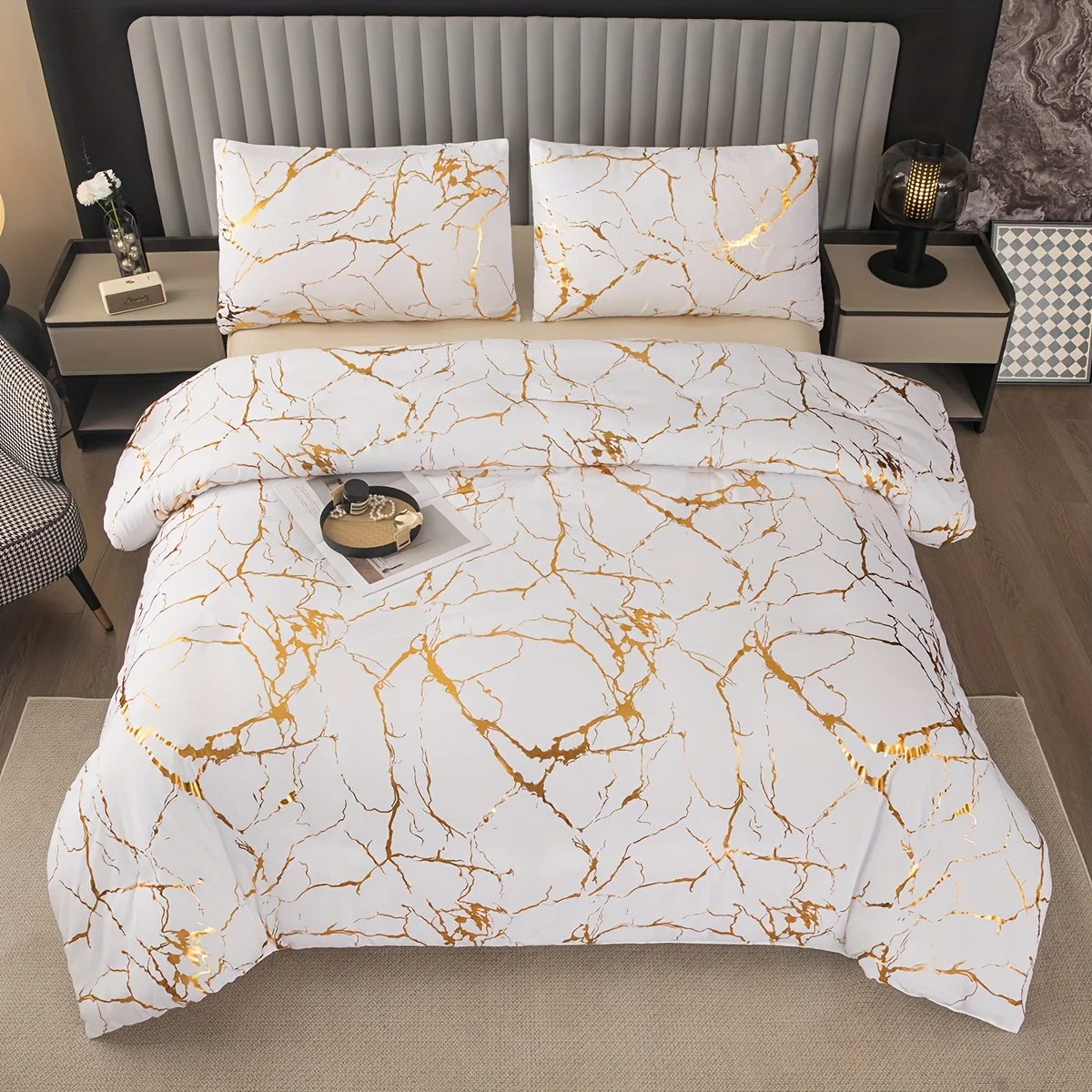 2026 3Pcs Modern Simple Bedding Set Solid Color Pink/Grey/Green/Blue/Purple Marble Pattern Hot Stamping/Silvery Duvet Cover Set