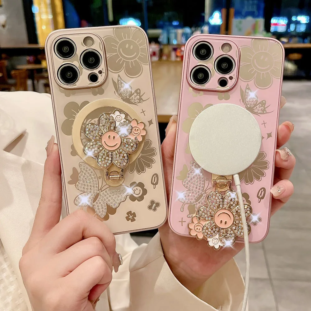

Luxury Plating 3D Flower Stand Holder Phone Case For iPhone 15 Plus 14 13 Pro Max Magsafe Wireless Charge Magnetic Cover