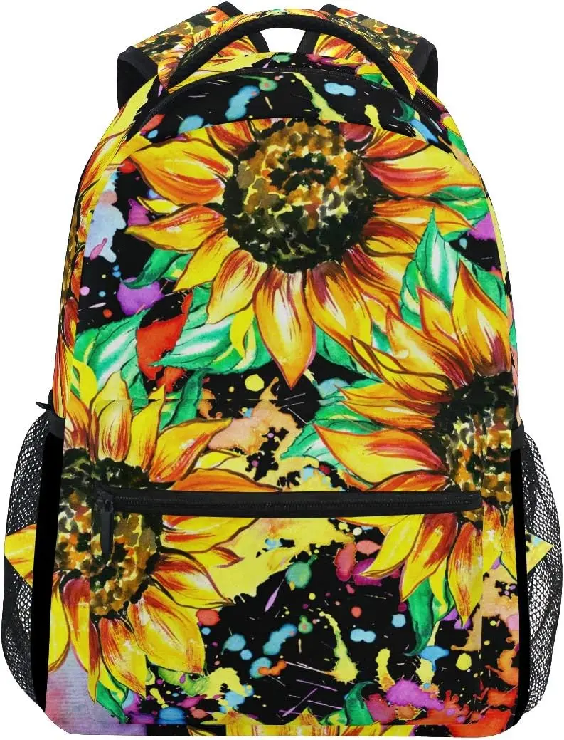 Watercolor Sunflower Painting Stylish Backpack Purse for Women Girls Kids Student Personalized Laptop School Bag with Pockets