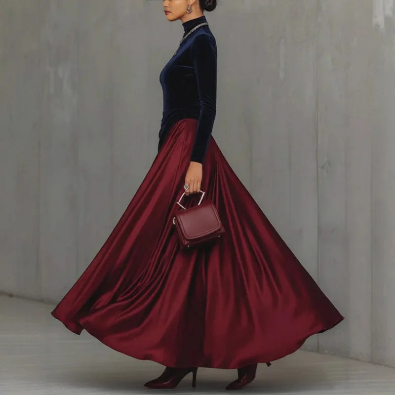 벨벳 새틴 패치워크 맥시 드레스 여성용 핏 앤 플레어 터틀넥 긴 소매 우아한 파티 클럽 이브닝 레트로 드레스