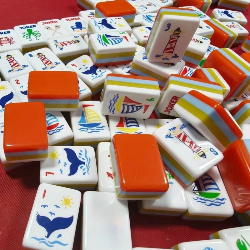 Luxury Mah Jongg Tiles American Orange Ocean Style 160pcs 4-Layer Acrylic Engraved Mahjong Game Sets for Family Club Beginners