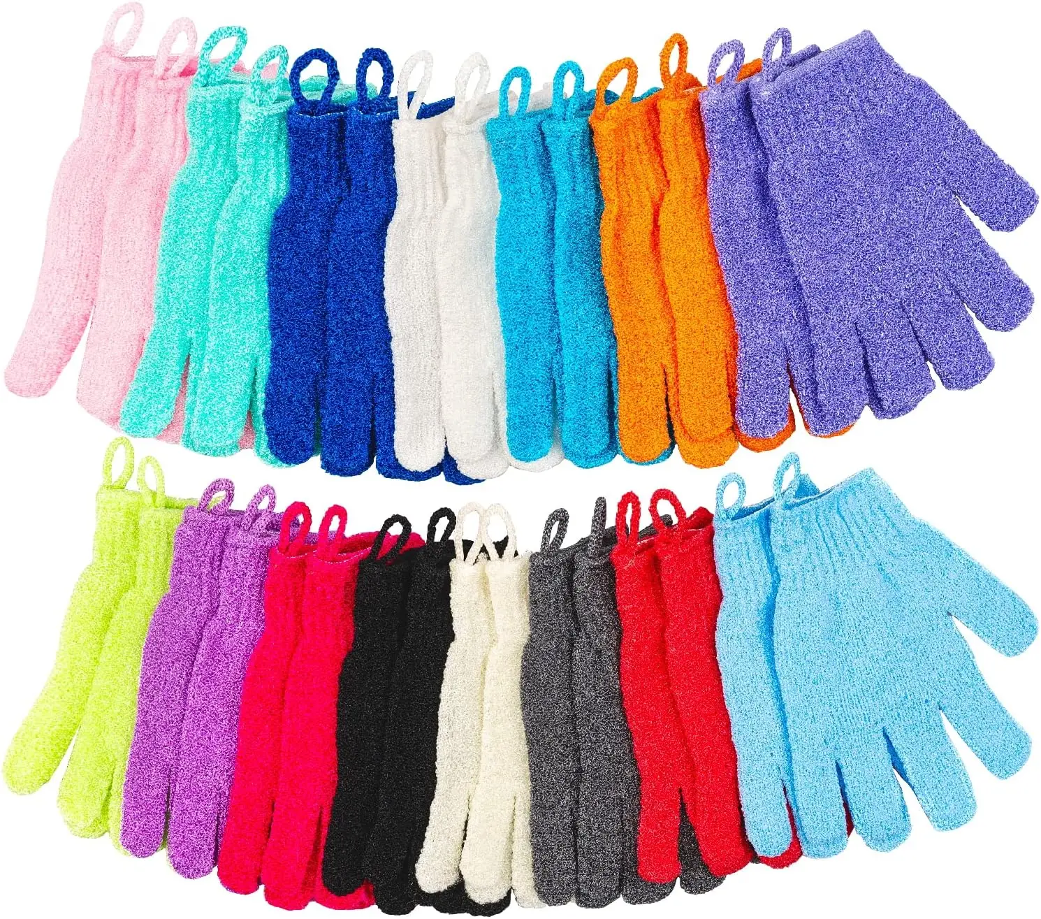 30 Pcs Exfoliating Gloves for Shower, 15 Colors Body Scrubber with Hanging Loop, Deep Cleansing Dead Skin Remover for Women Men