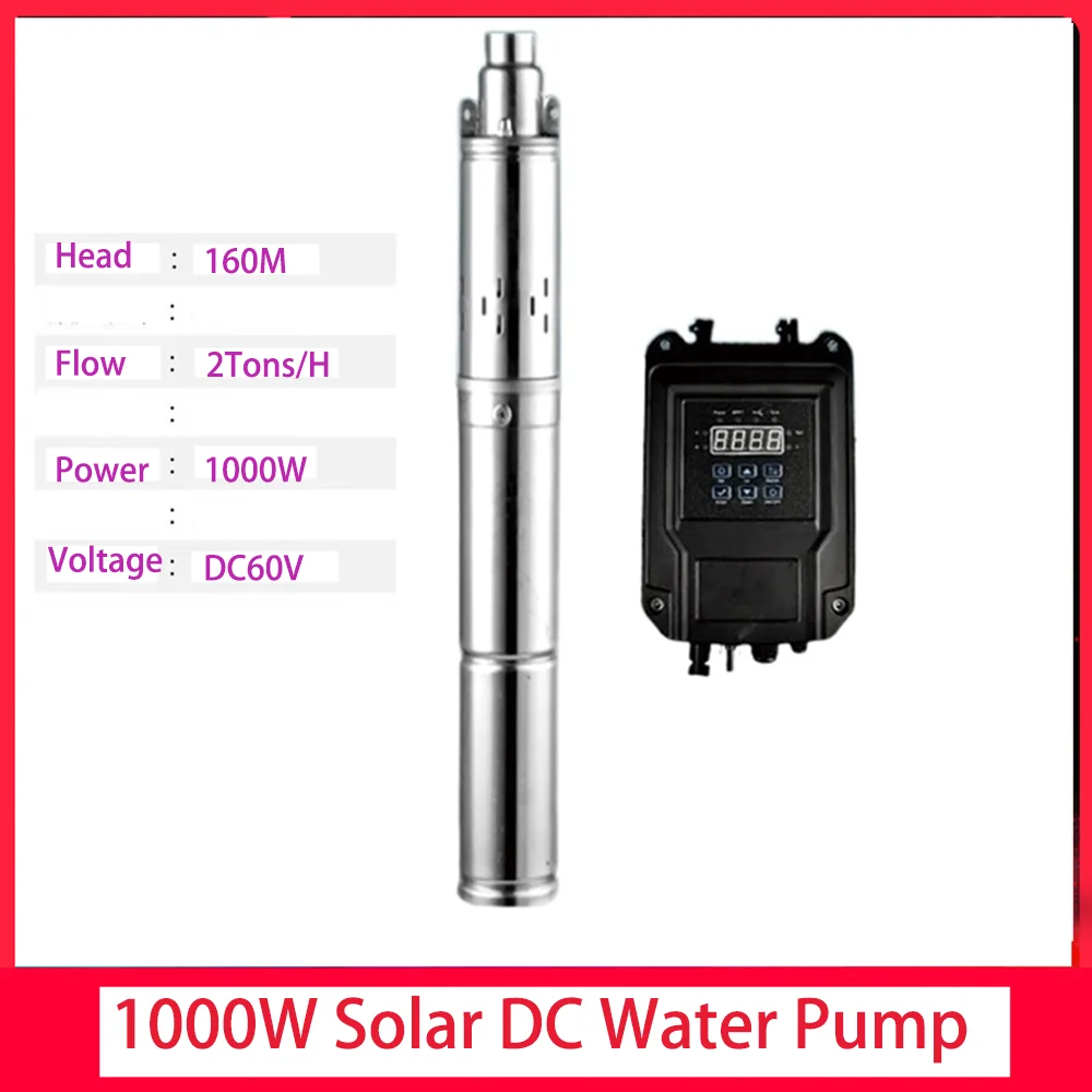 1000W Brushless DC60V Solar Deep Well Pump With External MPPT Controller Max Head 160M Stainless Steel Submersible Drilling Pump