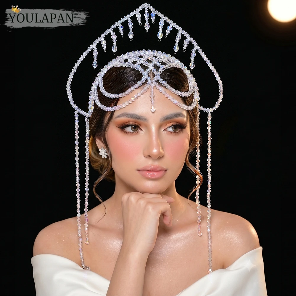 YouLaPan AB Crystal Bridal Forehead Crown Headband Long Tassel Wedding Headpiece Handmade Beaded Pageant Tiara Hair Jewelry A417