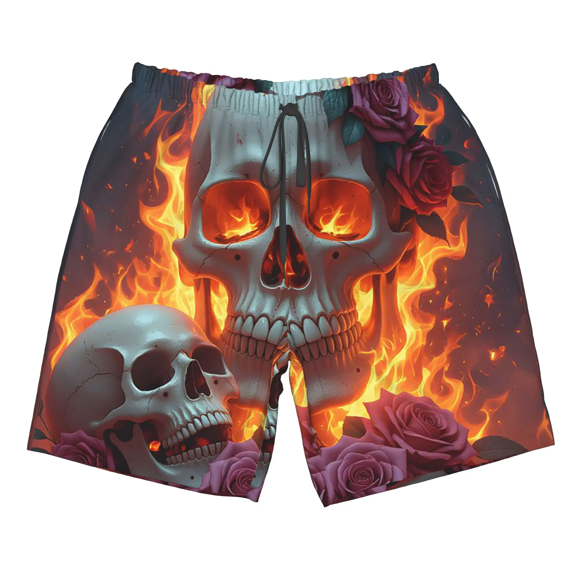Skull And Rose in Fire Design Trunks Beach Board Shorts Casual Quick Dry Swim Summer Men Pants
