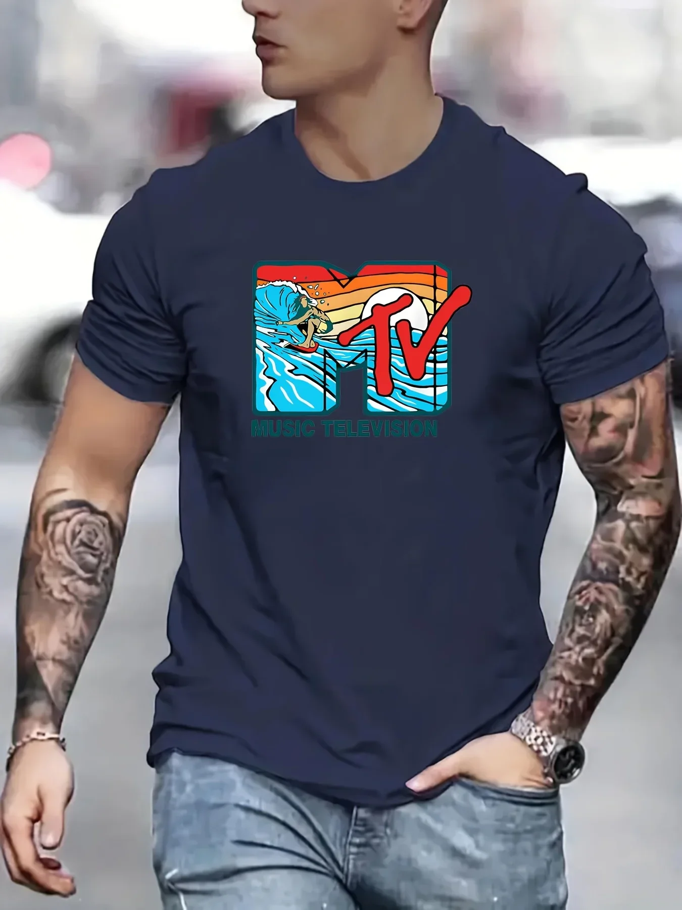 T-shirt à manches courtes et col rond pour hommes, 100% pur coton, à la mode, sport décontracté, ample, motif de lettres MTV