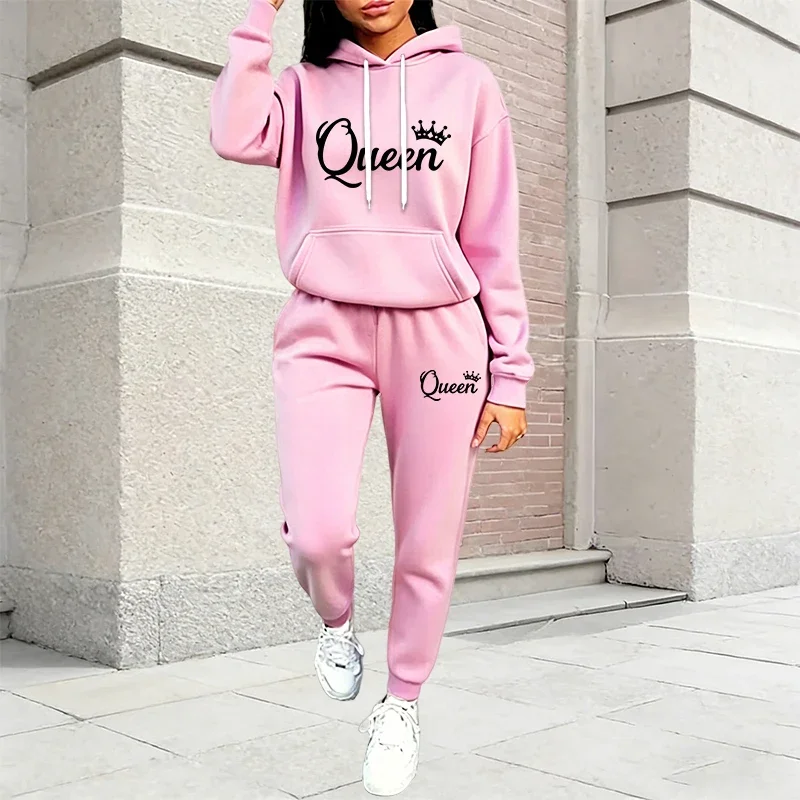 Queen Printing Women's Outfits Casual Hooded Sweatshirts 2 Pcs Suit Sports Jogging Clothes Autumn Winter Warm Woman Pants Sets