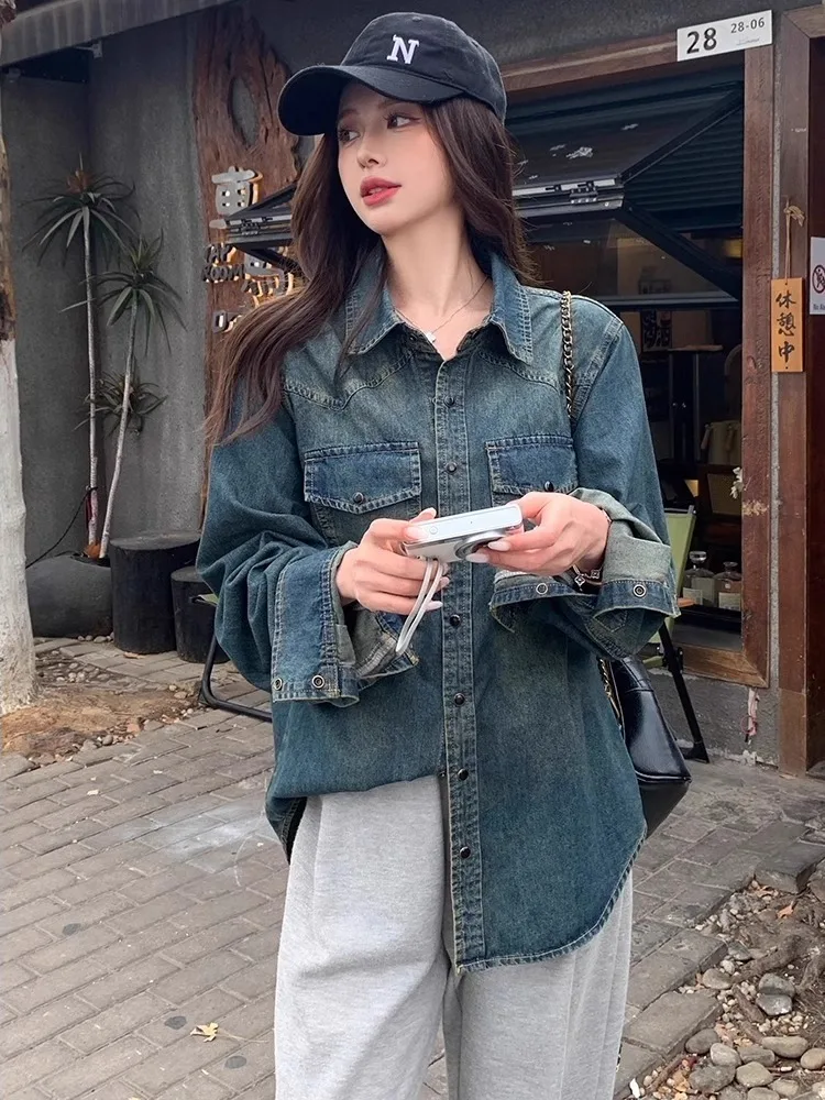 

Корейская винтажная джинсовая куртка большого размера для женщин, весна и осень 2026, новый дизайн, нишевая свободная рубашка, толстый