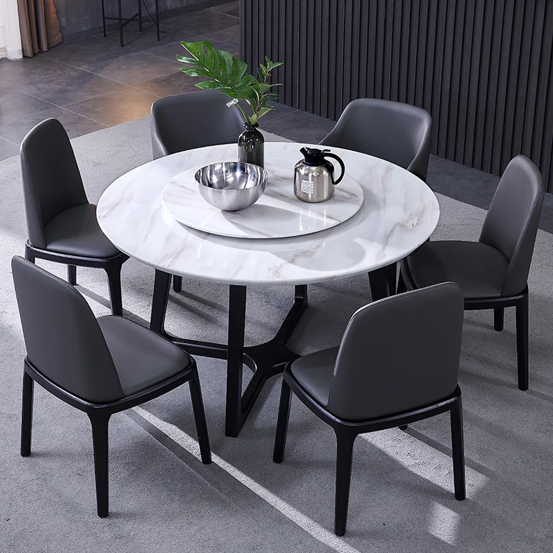 Nordic Round White Marble Fired Stone Dining Table Modern Simple Round Table and Chair Combination with Rotary Table