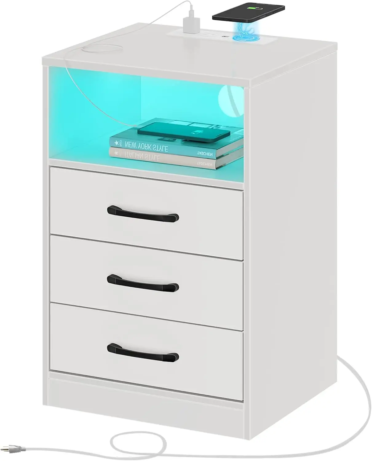 Nightstand with Wireless Charging Station and LED Lights, Modern End Side Table with 3 Drawers and Open Compartment for Bedroom,