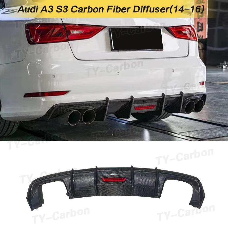 For Audi A3 Sedan Sport Version 2014-2016 S3 Car Rear Bumper Diffuser Carbon Fiber Rear Lip Spoiler with LED Light