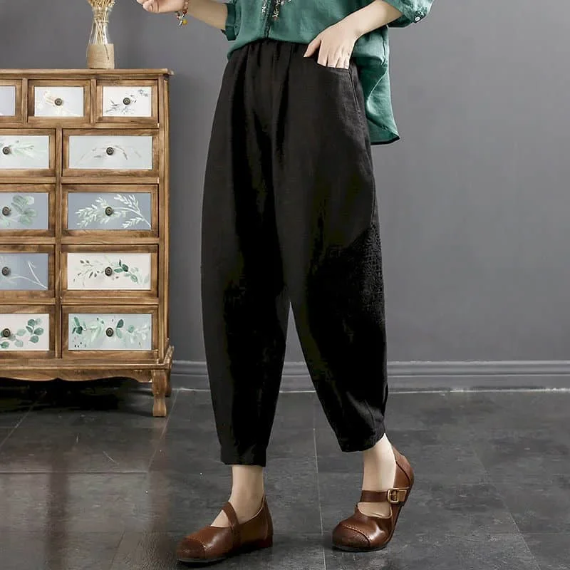 Bawełniane lniane spodnie haremowe damskie koronkowe patchworkowe luźne, elastyczne spodnie na co dzień luźne spodnie Vintage koreańskie spodnie w stylu ubrania
