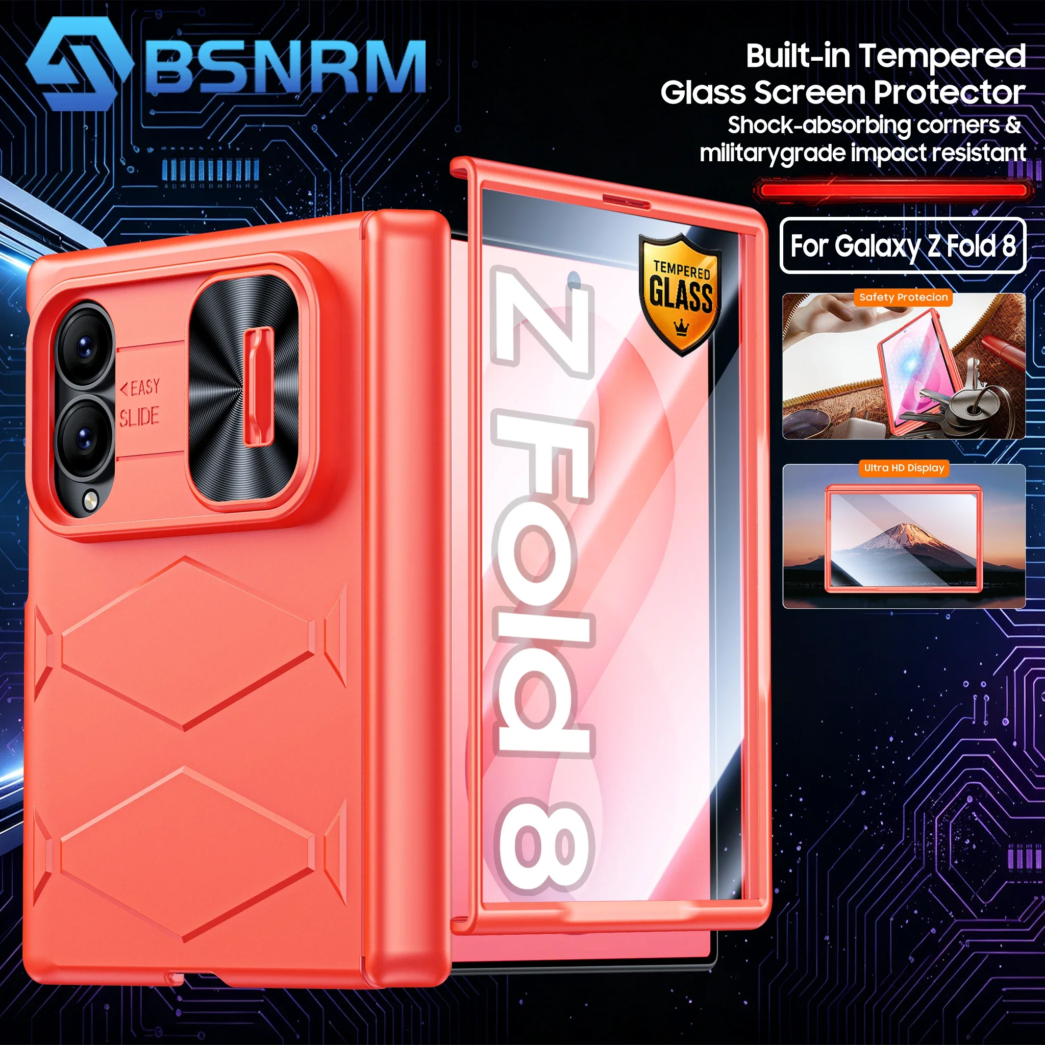For Galaxy Z Fold 8 Built-in Tempered Glass Screen Protector Hinge Protection Shockproof Anti-Drop Phone Case-Rose Red